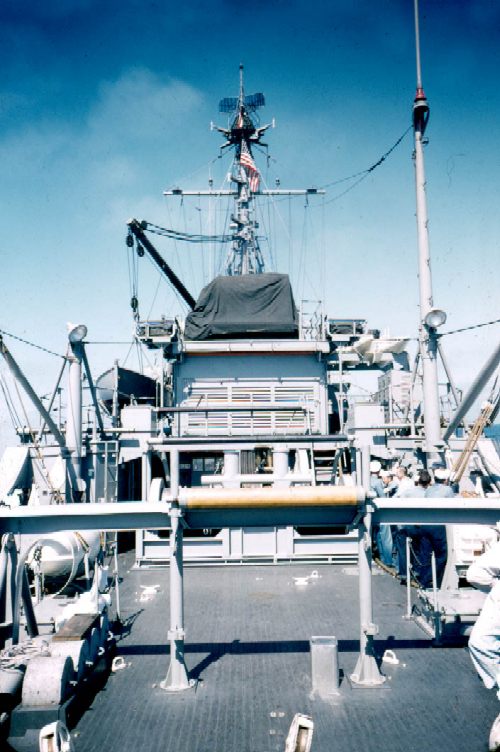 Picture of the aft
deck of ESTEEM. If you look closely, you'll see that the ship is still in
the original MSO configuration. Note the large boat boom instead of the
later davit. That dates the picture as February 1956 and the ship was
only four months old.